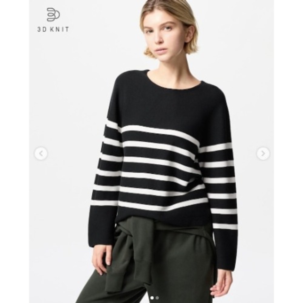 Uniqlo 3D Knit Cotton Black White Stripe Crew Neck Sweater Size M